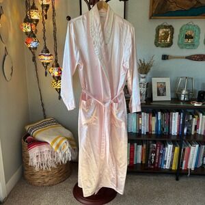 Erika Taylor Pink Satin Fleece Lined Robe Embroidered Long Lounge Robe